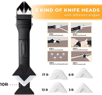 "Monikäyttöinen 3-in-1 tiivistystyökalu, jossa ergonominen kahva ja vaihdettavat terät, täydellinen tiivistämiseen."