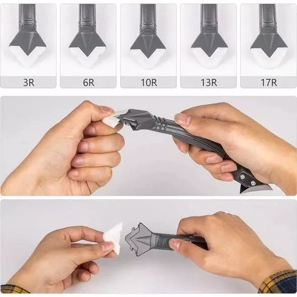 "Monikäyttöinen 3-in-1 tiivistystyökalu, jossa ergonominen kahva ja vaihdettavat terät, täydellinen tiivistämiseen."