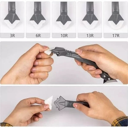 "Monikäyttöinen 3-in-1 tiivistystyökalu, jossa ergonominen kahva ja vaihdettavat terät, täydellinen tiivistämiseen."