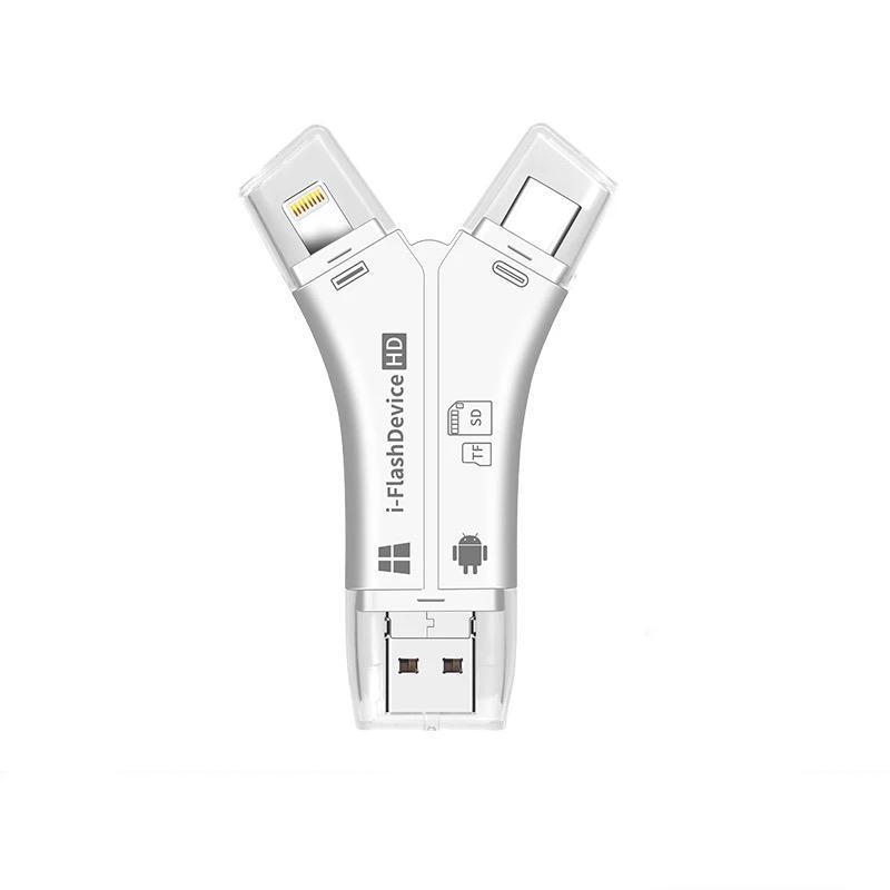 "Monikäyttöinen 4-in-1 kannettava kortinlukija; pieni musta laite neljällä liittimellä; täydellinen älylaitteille."