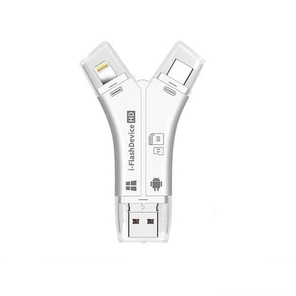 "Monikäyttöinen 4-in-1 kannettava kortinlukija; pieni musta laite neljällä liittimellä; täydellinen älylaitteille."