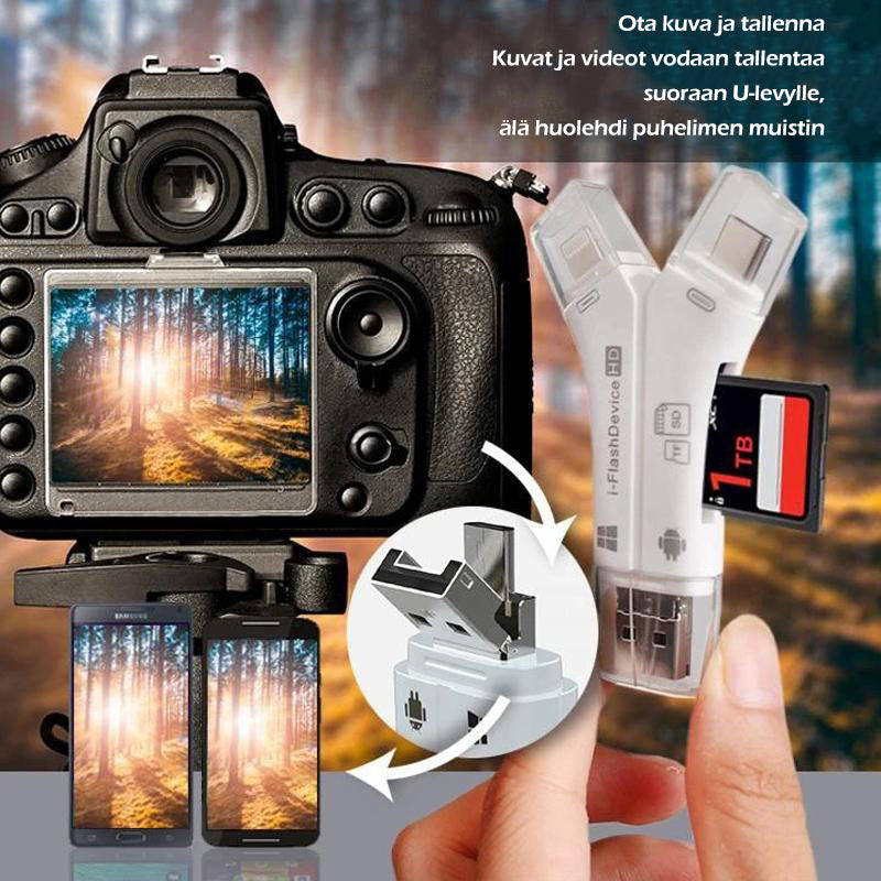 "Monikäyttöinen 4-in-1 kannettava kortinlukija; pieni musta laite neljällä liittimellä; täydellinen älylaitteille."