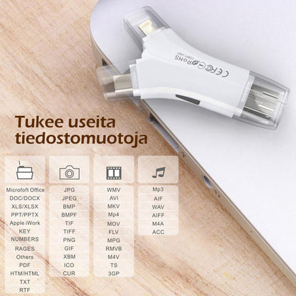 "Monikäyttöinen 4-in-1 kannettava kortinlukija; pieni musta laite neljällä liittimellä; täydellinen älylaitteille."