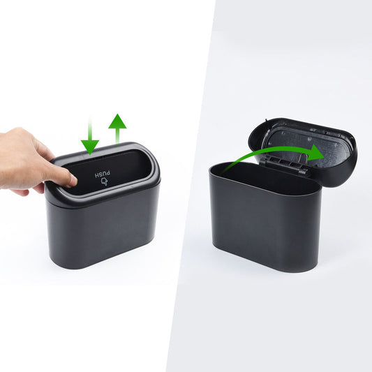 "Monikäyttöinen riippuva roskakori autoon, jousikannella, musta, ABS-muovia ja silikonia, kompakti, helppo ripustaa"