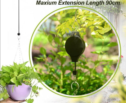 "Monikäyttöinen ulosvedettävä puutarhakoukku, säädettävä korkeus, sopii kukkaruukkuille ja koristeille."