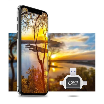 "Monitoiminen 4-in-1 kortinlukija, musta tai ruusukulta, tukeva sinkkiseos, USB, Lightning, Micro-USB yhteensopiva."