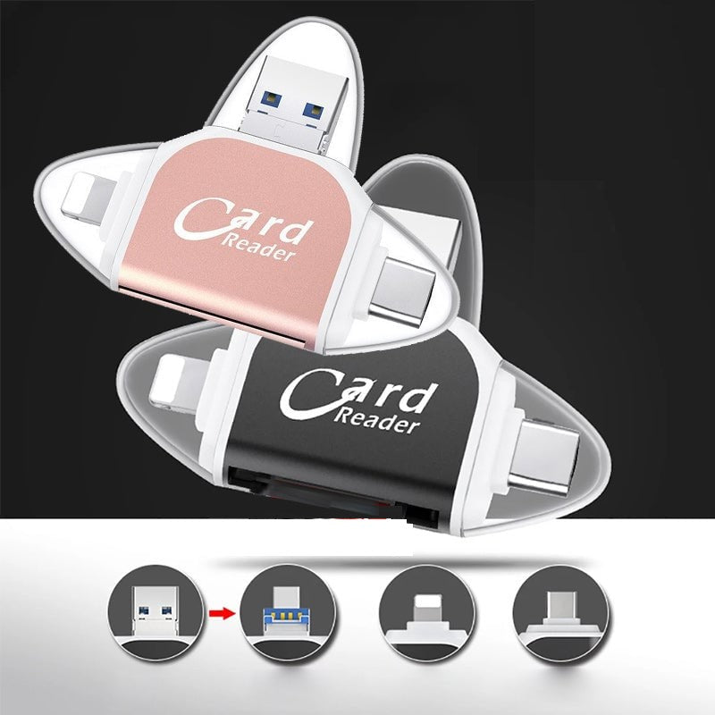 "Monitoiminen 4-in-1 kortinlukija, musta tai ruusukulta, tukeva sinkkiseos, USB, Lightning, Micro-USB yhteensopiva."