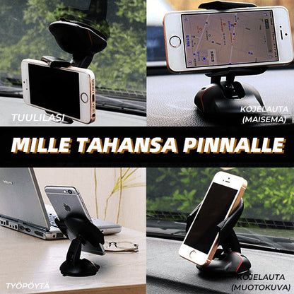 Musta 360° kääntyvä puhelinpidike autoon, tyylikäs muotoilu muistuttaa tietokonehiirtä, turvallinen silikoni ja imukuppi.