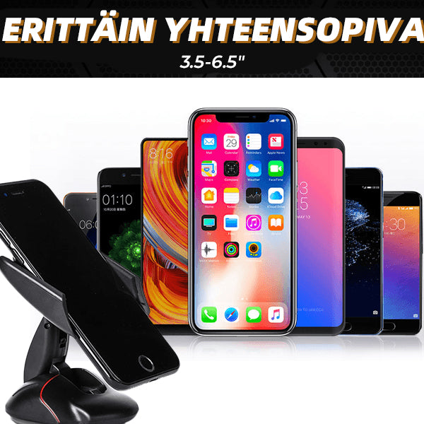 Musta 360° kääntyvä puhelinpidike autoon, tyylikäs muotoilu muistuttaa tietokonehiirtä, turvallinen silikoni ja imukuppi.