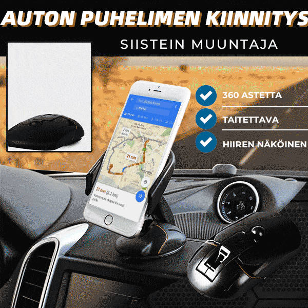 Musta 360° kääntyvä puhelinpidike autoon, tyylikäs muotoilu muistuttaa tietokonehiirtä, turvallinen silikoni ja imukuppi.