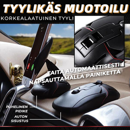 Musta 360° kääntyvä puhelinpidike autoon, tyylikäs muotoilu muistuttaa tietokonehiirtä, turvallinen silikoni ja imukuppi.