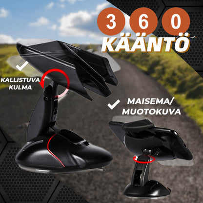 Musta 360° kääntyvä puhelinpidike autoon, tyylikäs muotoilu muistuttaa tietokonehiirtä, turvallinen silikoni ja imukuppi.