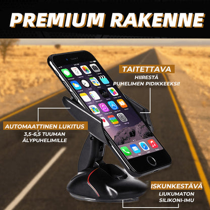 Musta 360° kääntyvä puhelinpidike autoon, tyylikäs muotoilu muistuttaa tietokonehiirtä, turvallinen silikoni ja imukuppi.