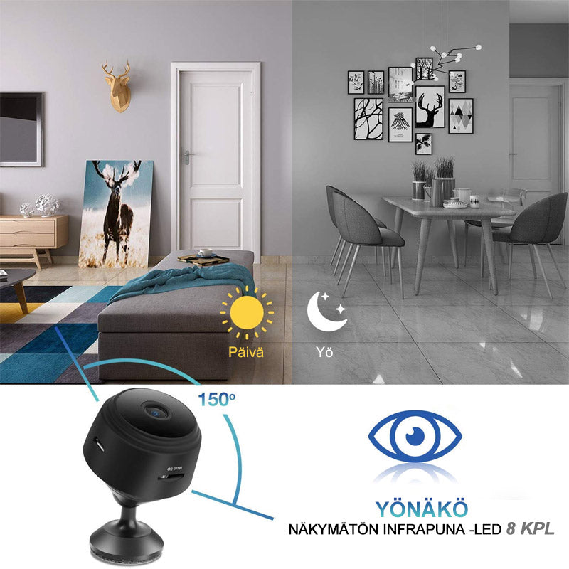 "Musta ja valkoinen 1080p WiFi Mini Kamera, kompakti magneettikiinnitys, laaja 150° kuvakulma"