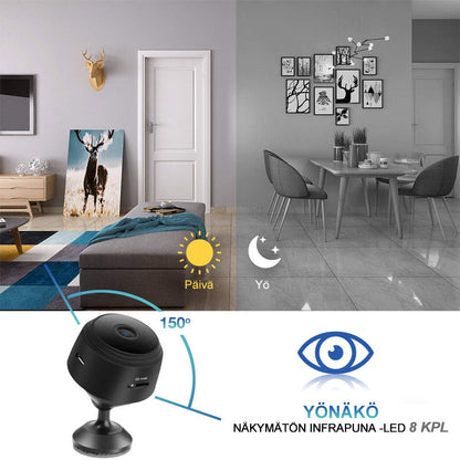 "Musta ja valkoinen 1080p WiFi Mini Kamera, kompakti magneettikiinnitys, laaja 150° kuvakulma"