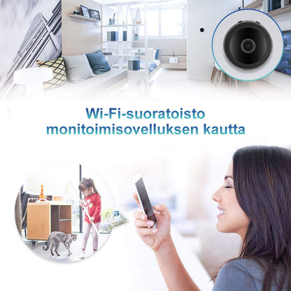 "Musta ja valkoinen 1080p WiFi Mini Kamera, kompakti magneettikiinnitys, laaja 150° kuvakulma"