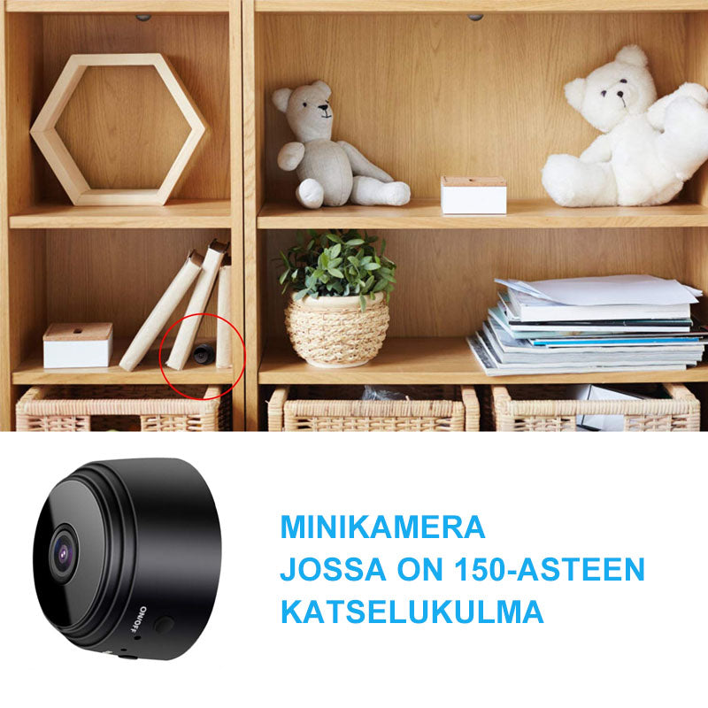 "Musta ja valkoinen 1080p WiFi Mini Kamera, kompakti magneettikiinnitys, laaja 150° kuvakulma"