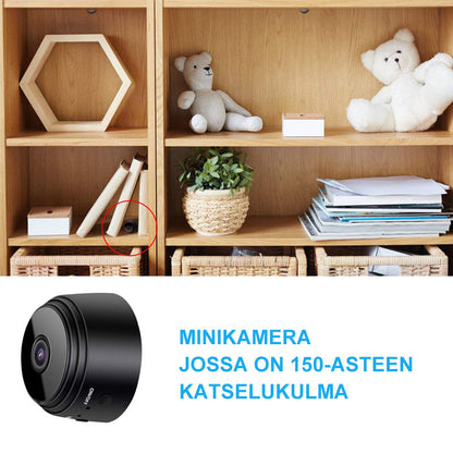"Musta ja valkoinen 1080p WiFi Mini Kamera, kompakti magneettikiinnitys, laaja 150° kuvakulma"