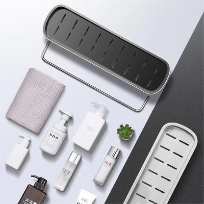 Musta/harmaa ylellinen muovinen suihkuhylly ilman porausta, moderni muotoilu, kestävä materiaali, kylpyhuoneen järjestelyyn.