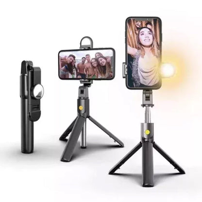 "Musta/valkoinen 6-in-1 langaton Bluetooth selfietikku tripod, kestävä ja kevyt muotoilu, monikäyttöinen valokuvaukseen."