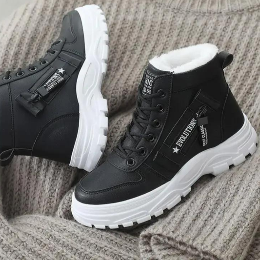 "Naisten lämpimät keinonahkaiset talvisaappaat, mustat, elegantti monipuolinen muotoilu, pehmeä vuori, tyylikkäät"