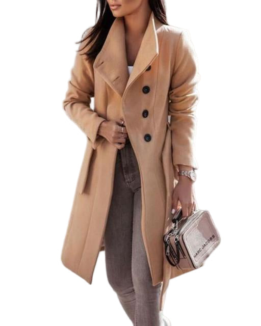 "Naisten pitkä tyylikäs talvitakki, vyötärövyöllä, notched-lapeli, kaksirivinen nappikiinnitys, lämpimästä villasekoitteesta.