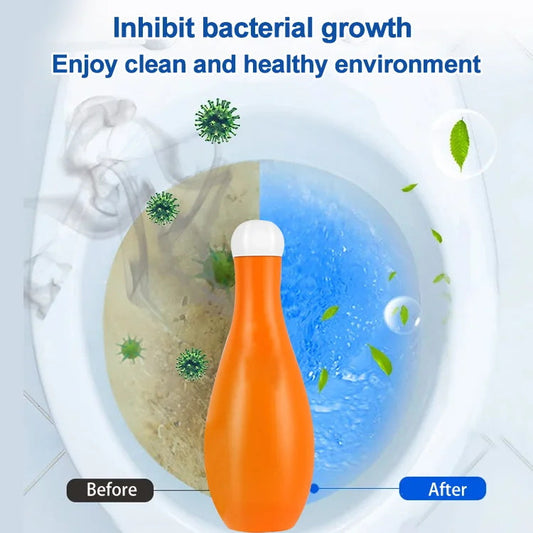 "Pitkäkestoinen kylpyhuoneen tuoksupuhdistaja sinisenä pullona, tarjoaa raikkaan tuoksun ja tyylikkään pakkauksen."