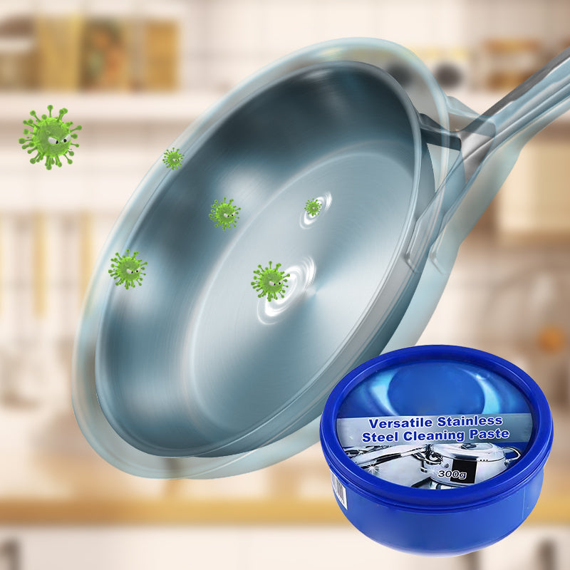 "Ruostumaton teräspasta 300g, puhdistussieni, kirkkaanvalkoinen purkki, kodin pintojen kiillotukseen, naarmuttamatta."