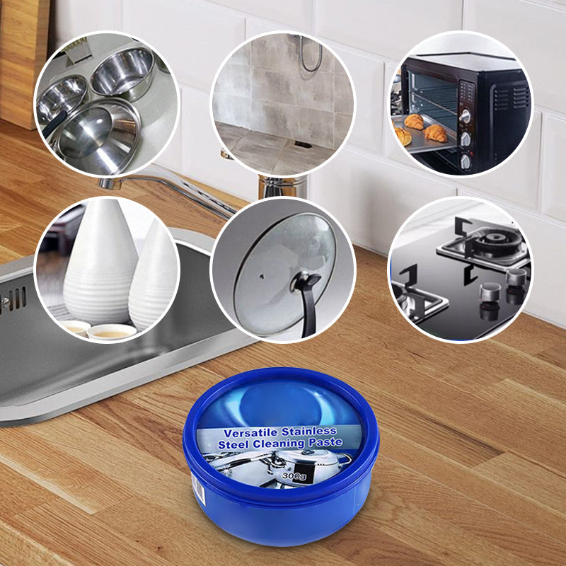 "Ruostumaton teräspasta 300g, puhdistussieni, kirkkaanvalkoinen purkki, kodin pintojen kiillotukseen, naarmuttamatta."