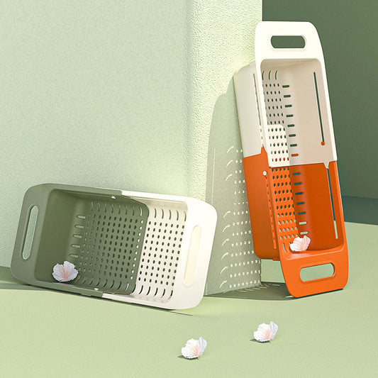 Säädettävä tyhjennyskori, kaksikerroksinen, vihreä-valkoinen, keittiöön, valutustoiminto, pesuallas, monikäyttöinen.