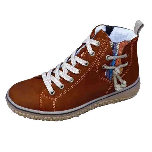 "Tummanruskeat naisten talvikengät, jäljitelmänahkaa, lämpimät ja tyylikkäät, sopivat talvisäähän."