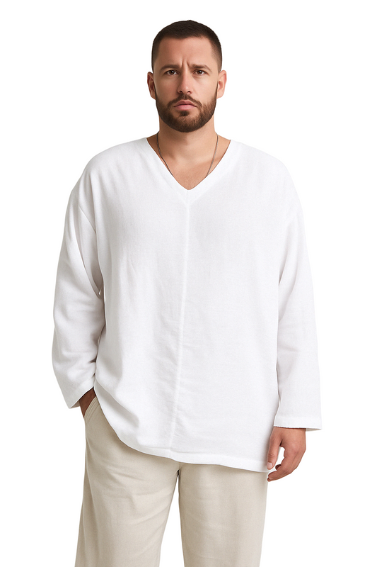 "Tyylikäs miesten pellavajäljitelmäpaita, V-kaula-aukko, pitkät hihat, rento istuvuus, kesäkäyttöön."