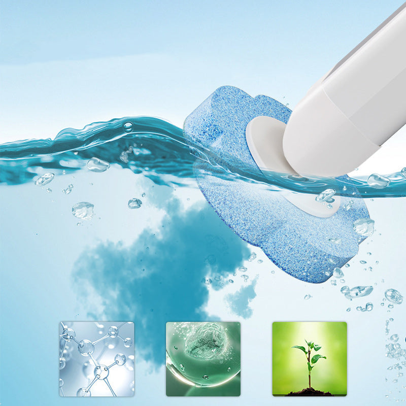 Valkoinen muovinen kertakäyttöinen WC-puhdistustyökalu kirkkaalla taustalla, esillä harja ja säilytyskaukalo.