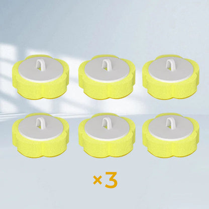 Valkoinen muovinen kertakäyttöinen WC-puhdistustyökalu kirkkaalla taustalla, esillä harja ja säilytyskaukalo.