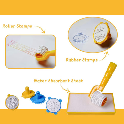 Värikäs vesipiirustusmatto lapsille, mukana taikakynät, kuvioleikkeet ja sapluunat. Turvallinen, sotkuton leikki.