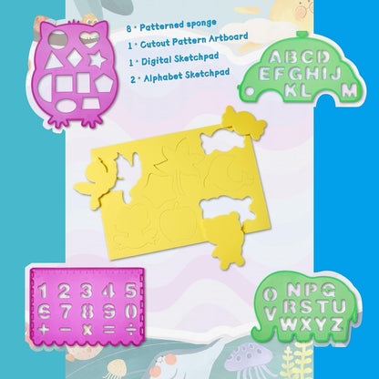 Värikäs vesipiirustusmatto lapsille, mukana taikakynät, kuvioleikkeet ja sapluunat. Turvallinen, sotkuton leikki.