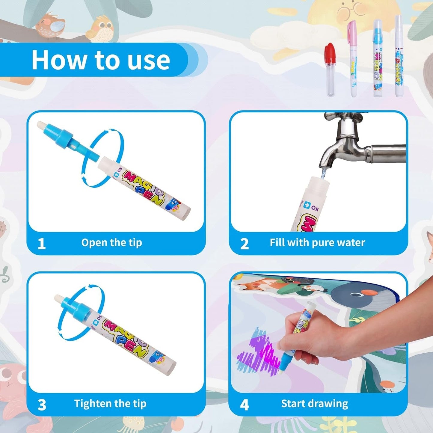 Värikäs vesipiirustusmatto lapsille, mukana taikakynät, kuvioleikkeet ja sapluunat. Turvallinen, sotkuton leikki.